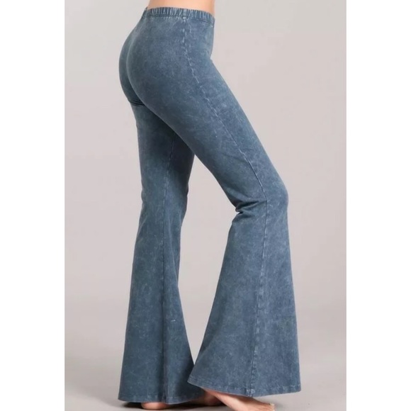 Steel Blue Mineral Wash Boho Flared Stretch Pants - Picture 3 of 6